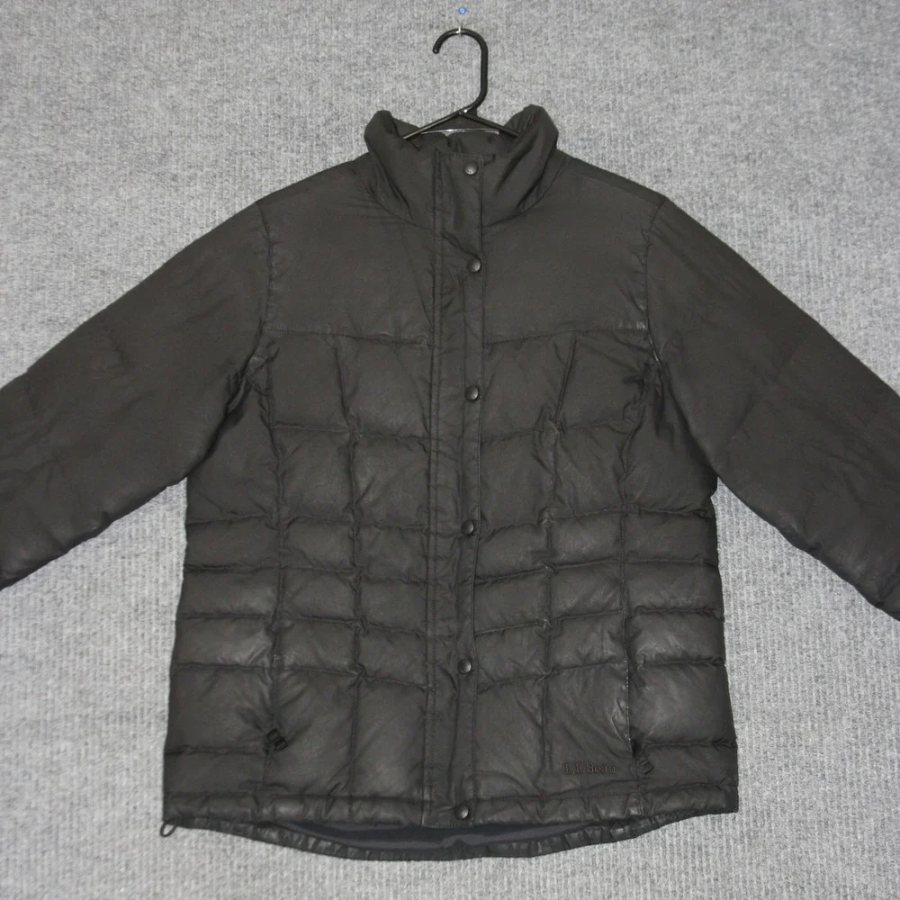 LL Bean Down Puffer Jacket Womens M Black Good Quilted Full‎ Zip Snap 295967